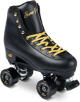 Sure-Grip Fame Black & Gold Unisex Indoor Roller Skates - Vegan Boot with Microfiber Lining - Offers Rock Nylon Plate & Aluminum Trucks - Matching 57Mm Fame Black Indoor Wheels - Ideal for Beginners