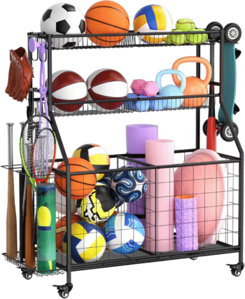 Sports Equipment Organizer - Garage Ball Storage Rack with Basket, Hooks and Rolling Cart for Toy Sports Gear Storage, Black
