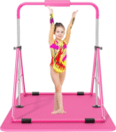 Expandable Gymnastics Bars Junior Training Bar Gymnastic Folding Horizontal Bars with Mat for Kids(Pink+Mat)