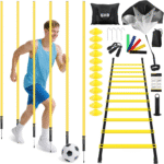 Soccer Agility Training Equipment, 6 Agility Poles, 20Ft Speed Ladder, 12 Disc Cones, Resistance Parachute, Jump Rope, 5 Resistance Bands, Soccer Training Poles for Speed Agility Training