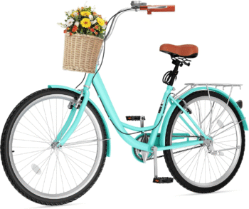 Beach Cruiser Bike for Women, 24 & 26 Inch Womens Bike with Adjustable Seat, 1&7-Speed Comfort Bicycle for Adults City Commuter with Built-In Lock & Wicker Basket, Multiple Color