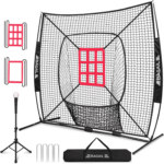 7X7 Ft Baseball & Softball Practice Net with Bow Frame for Batting, Hitting, Pitching, Portable Backstop Training Equipment with 2 Strike Zone, Tee, Carry Bag, Great for All Levels