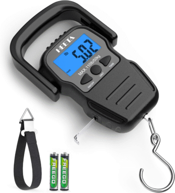 Fish Scale with Backlit LCD Display, up to 110Lb/50Kg Digital Portable Hanging Fish Weight Scale with Hook & Measuring Tape for Home, Farm, Outdoor, Hunting, Fishing, 2 AAA Batteries Included